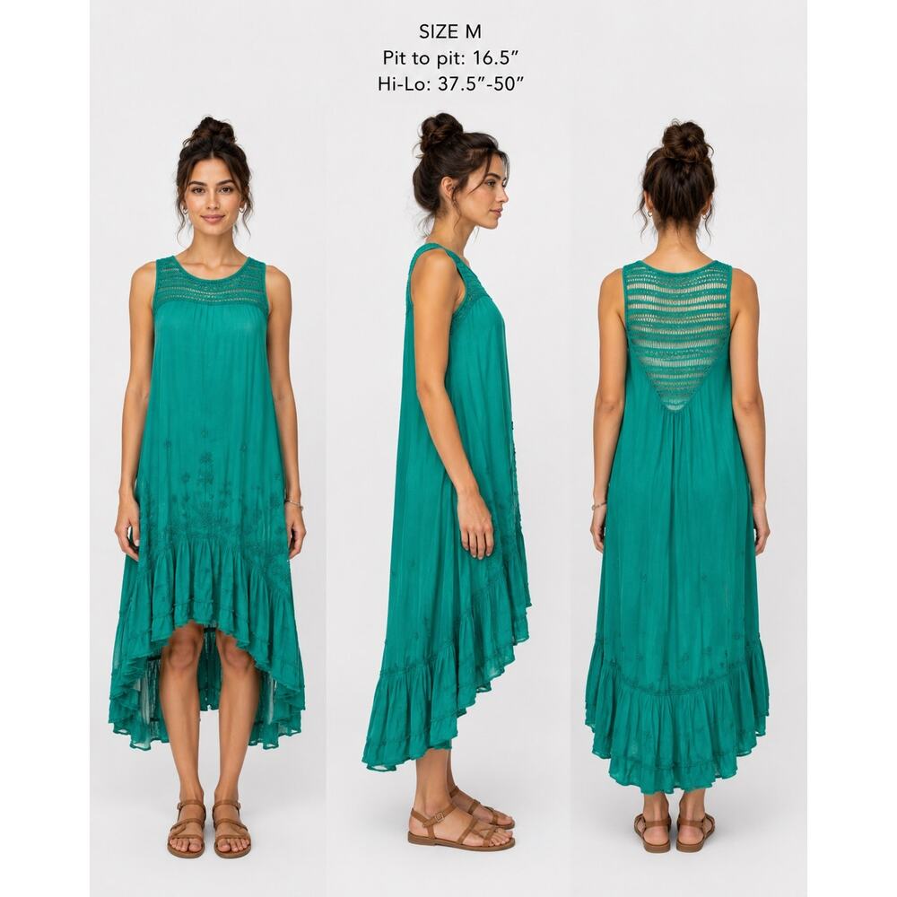 Free People Long Crochet Dress with Tiers Emerald Green Size M Coastal Cowgirl